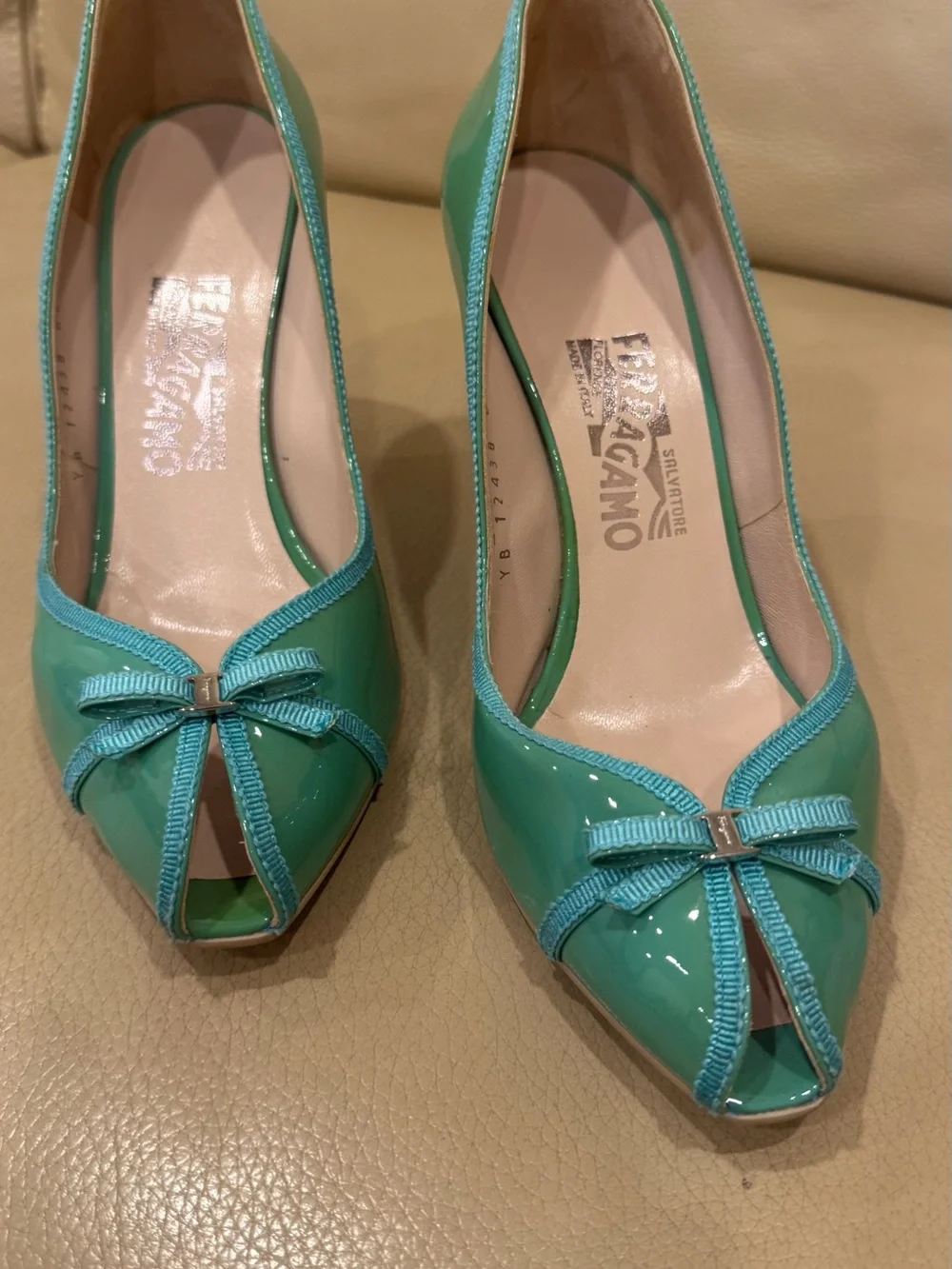 Salvatore Ferragamo Mint Green Patent Peep-Toe Pumps with Bow Accent